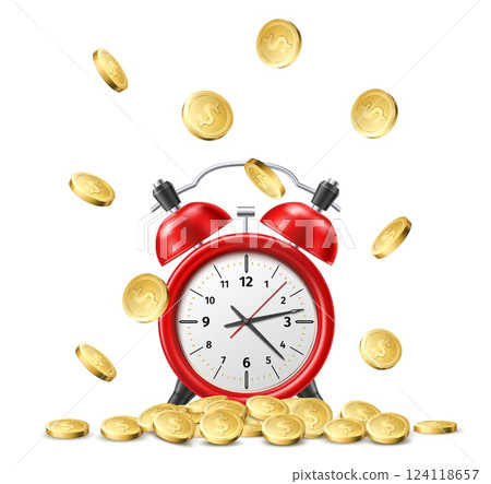 Realistic red alarm clock with gold falling coins. Time is money. Cash rain. Watch dial. Golden dollars. Investment income. Financial timer. Economy success. Hours cost. Vector concept Realistic red alarm clock with gold falling coins. Time is money. Cash rain. Watch dial. Golden dollars. Investment income. Financial timer. Economy success. Hours cost. Vector concept 124118657