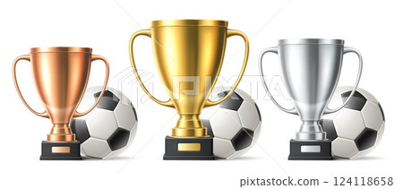Trophy cups with soccer balls. Champion award ceremony. Gold, silver and bronze 3D goblets. Sport game competition. Football club. Tournament achievement. Vector winning rewards set 124118658
