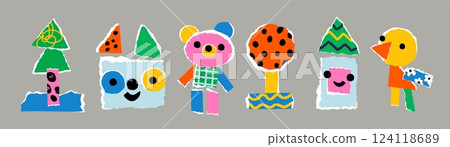 Kids color paper art collages. Bright cardboard pieces with ragged edges. Craft composition. Childish scrapbooking creative hobby. Notepaper tear. Childish applique. Garish vector set 124118689