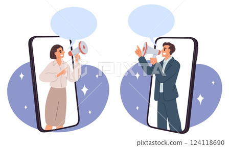 Online advertising. Marketing message. Promotion announcement. Smartphone screen. People with megaphones. Digital technology. Social medial promo. Internet advertisement. Vector concept 124118690