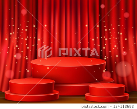 Realistic red podiums. Stage curtain. Presentation pedestal. Cylinder platforms. Golden glitter sparks. Scarlet drapery. Concert scene. Luxury showcase. Vector exhibition background drape Realistic red podiums. Stage curtain. Presentation pedestal. Cylinder platforms. Golden glitter sparks. Scarlet drapery. Concert scene. Luxury showcase. Vector exhibition background drape 124118698