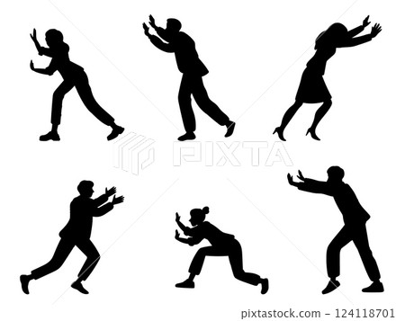 Silhouettes pushing men and women. People press with efforts. Strength action. Persons pulling blocks. Businessman challenge. Uphill struggle. Power and persistence. Vector move poses set 124118701
