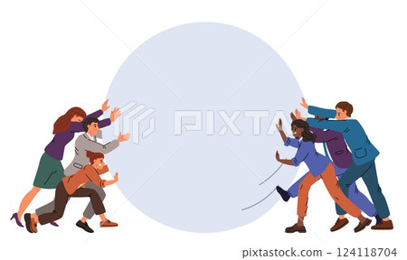 Two teams push balloon against each other. Businessman pulling heavy sphere with power efforts. Business teamwork. Businessmen challenge. People perseverance. Hard work. Vector concept 124118704