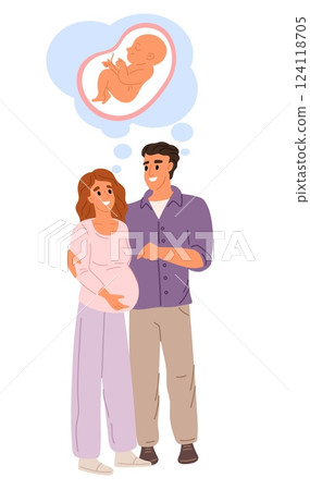 Young couple expecting childbirth. Pregnant woman and handsome man thinking about newborn baby. Wife and husband embrace. Happy pregnancy and parenthood. Parents hug. Vector concept Young couple expecting childbirth. Pregnant woman and handsome man thinking about newborn baby. Wife and husband embrace. Happy pregnancy and parenthood. Parents hug. Vector concept 124118705