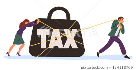 Burden taxes for young family. Couple pulling duty weight. Debt payment. Overload people paying money for credit. Banking loan payment. Economy crisis and recession. Vector concept Burden taxes for young family. Couple pulling duty weight. Debt payment. Overload people paying money for credit. Banking loan payment. Economy crisis and recession. Vector concept 124118709