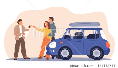 Young couple buying car. Auto dealer selling vehicle to happy man and woman. Automobile dealership agent talking with clients. Transport purchase. Salesman and buyers. Vector concept Young couple buying car. Auto dealer selling vehicle to happy man and woman. Automobile dealership agent talking with clients. Transport purchase. Salesman and buyers. Vector concept 124118711