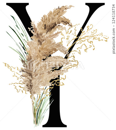 Black letter Y with watercolor biege and golden dried pampas grass, tropical wedding illustration 124118734