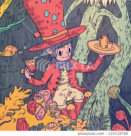 A mad hatter hosting a tea party in Wonderland. A man in a suit and a top hat holding cups with drinks. AI-generated illustration 124118789