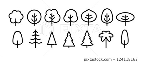 Minimalist tree icon set with different shapes. Simple linear design for eco friendly concepts, environmental graphics, branding, web design, and nature projects. Vector illustration Minimalist tree icon set with different shapes. Simple linear design for eco friendly concepts, environmental graphics, branding, web design, and nature projects. Vector illustration 124119162