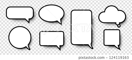 Blank comic speech and thought bubbles with halftone effects set. Classic retro pop-art style for dialogue, storytelling, comics, cartoons, and creative designs. Vector illustration. Blank comic speech and thought bubbles with halftone effects set. Classic retro pop-art style for dialogue, storytelling, comics, cartoons, and creative designs. Vector illustration. 124119163