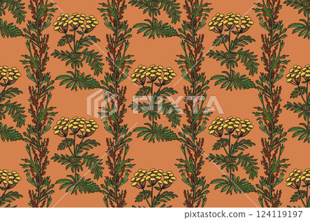 Botanical plant seamless pattern with flowers vector illustration. Repeating floral pattern in beige color background. Graphic design for Fashion Cover Textile Birthday Greeting Card Invitation Print 124119197