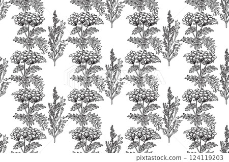 Line art botanical seamless plant pattern with flowers vector illustration. Black outline repeating floral pattern in white background. Graphic design for Fashion Cover Textile Coloring Page Birthday 124119203