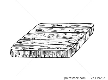 Vector wooden cutting board. Graphic ink kitchen tool illustration for baking creations, isolated on background. Hand drawn line sketch. For designers, prints, logo, icon, menu, postcards, holiday 124119234