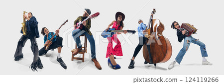 Collage made with 4 expressive people, musicians performing with double bass, guitar, accordion and saxophone against white background Collage made with 4 expressive people, musicians performing with double bass, guitar, accordion and saxophone against white background 124119266