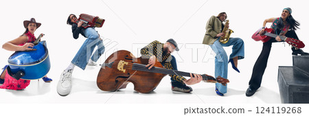 Set of four musicians, men and women passionately playing guitar, saxophone, accordion and double bass against white background. Set of four musicians, men and women passionately playing guitar, saxophone, accordion and double bass against white background. 124119268
