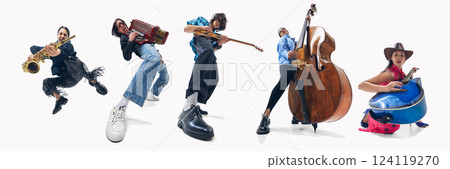 Set of three people, artistic man and women playing double bass, saxophone, guitar and accordion against white background. Set of three people, artistic man and women playing double bass, saxophone, guitar and accordion against white background. 124119270