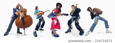 Collage made with people playing different music instruments with energy and passion against white background 124119272