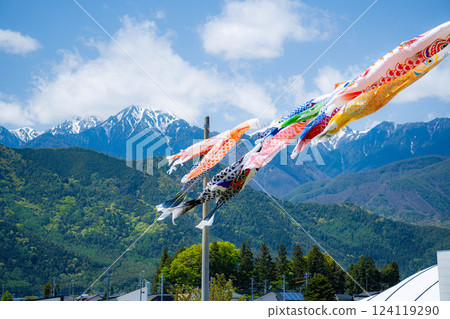[初夏材料]鯉魚旗在天空中游泳[長野] 124119290