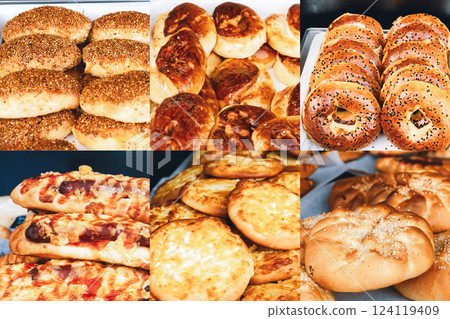 Food collage of baked goods and pastries 124119409
