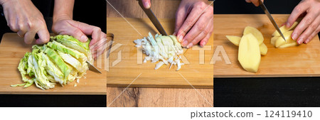 Food collage of vegetable cutting on a wooden board 124119410