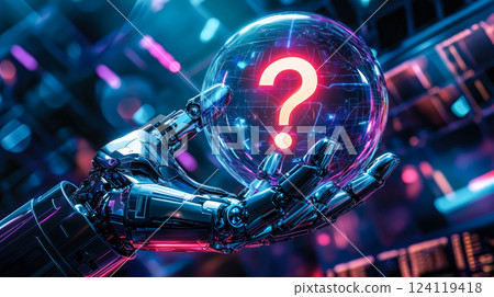 A robot hand holds a glowing question mark. The concept symbolizes curiosity, artificial intelligence, and the quest for answers in the digital age. Generative AI. 124119418