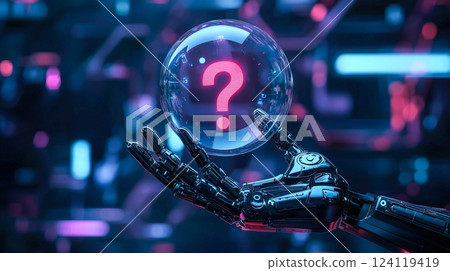 A robot hand holds a glowing question mark. The concept symbolizes curiosity, artificial intelligence, and the quest for answers in the digital age. Generative AI. 124119419