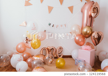 First Birthday Celebration with Balloons and Gifts 124119568