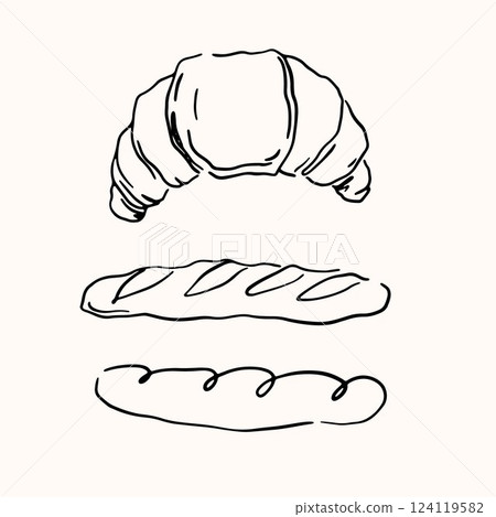 Baguette and croissant line drawing. Hand drawn vector art icon. 124119582
