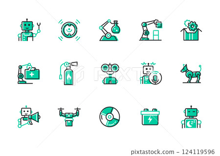 Robots and technology - set of line design style icons 124119596