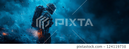 futuristic soldier holding an advanced energy weapon 124119738