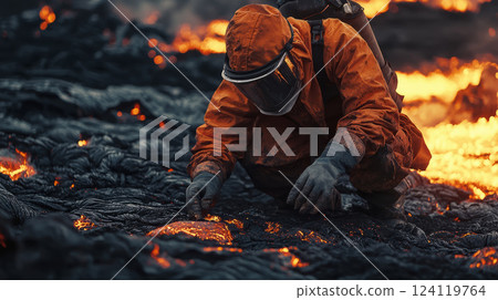 Scientists Exploring Active Volcano with Protective Gear 124119764