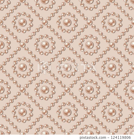 Diagonal cross line square grid pattern with pearl beads on beige background. Vintage style. 124119806