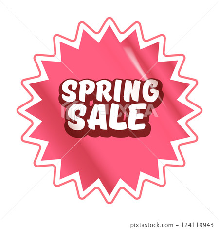 Spring sale round pink sticker isolated on white. Price sticker, sale sticker, price tag, retro label, sale or discount sticker, promotional badge set, shopping label png. Spring sale poster, banner 124119943