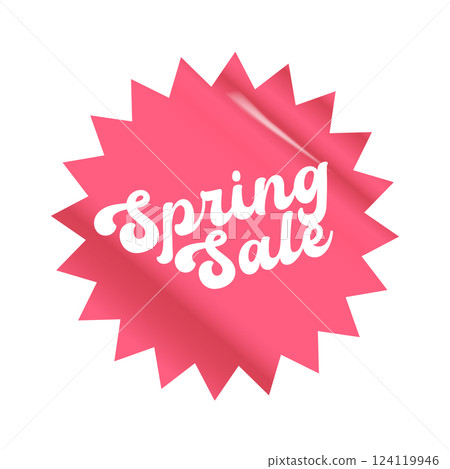 Spring sale round pink sticker isolated on white. Price sticker, sale sticker, price tag, retro label, sale or discount sticker, promotional badge set, shopping label png. Spring sale poster, banner 124119946