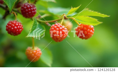 A close-up photograph of ripe raspberries growing on a bush. The image showcases several berries in various stages of ripeness, from bright orange to deep red. 124120128