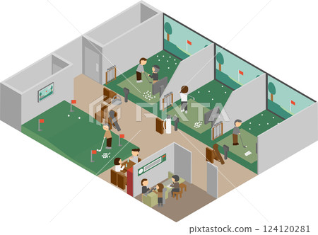 Isometric indoor golf and people image material 124120281