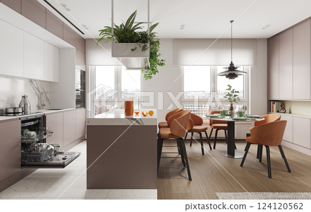 A stylish kitchen with an island, dining area A stylish kitchen with an island, dining area 124120562
