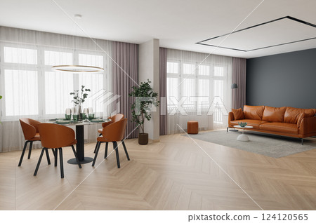 living room with a brown sofa and dining area, wooden floors 124120565