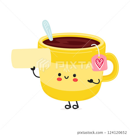 Cheerful Tea Mug. Cute Kawaii Cup Holding Blank Sign 124120652