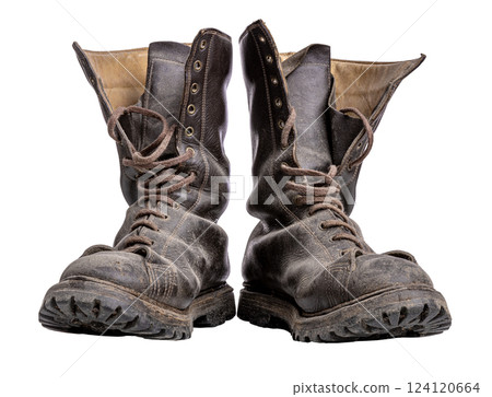 Pair of worn leather boots isolated on transparent background Pair of worn leather boots isolated on transparent background 124120664