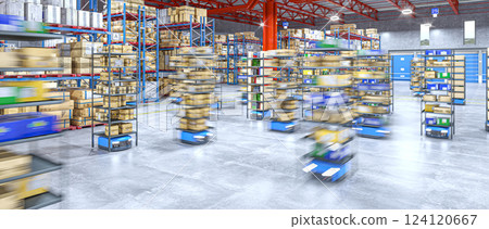 Smart automated guided vehicles transporting packages in modern warehouse 124120667