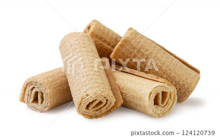 Pile of wafer rolls close-up on a white background. Isolated 124120739