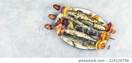 BBQ Sardines and Vegetable Kabobs. 124120798