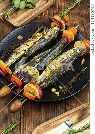 Grilled sardines, shashlik. Grilled sardines, shashlik. 124120799