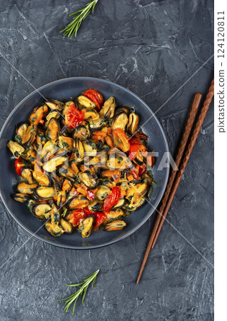 Delicious Fried Mussels, Gourmet Seafood Dish. Delicious Fried Mussels, Gourmet Seafood Dish. 124120811