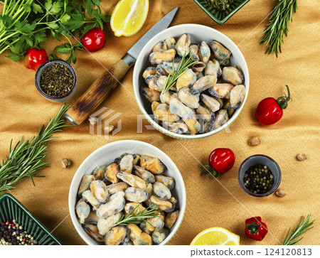 Frozen mussels on ice. Frozen mussels on ice. 124120813