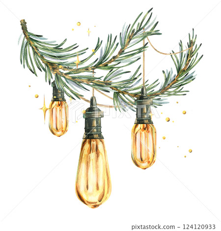 Retro Edison bulbs shine hanging on wires on pine branch with sparkling stars. New Year, Christmas watercolor illustration hand drawn. Composition, sublimation, arrangement isolated from background Retro Edison bulbs shine hanging on wires on pine branch with sparkling stars. New Year, Christmas watercolor illustration hand drawn. Composition, sublimation, arrangement isolated from background 124120933