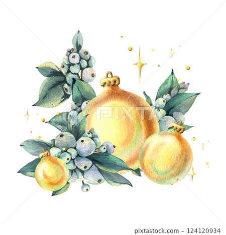 Golden glass Christmas tree balls decorated with snowberry branches and twinkling stars. New Year, Christmas watercolor illustration, hand-drawn. Composition, arrangement, sublimation isolated 124120934