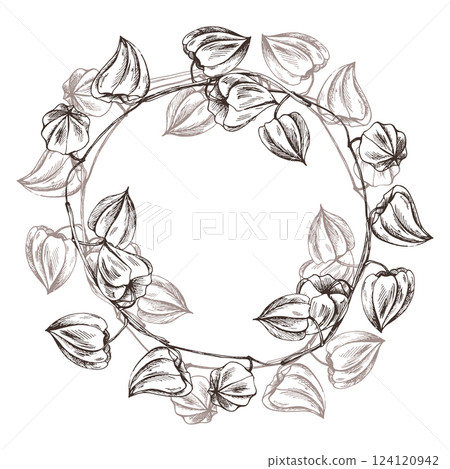 Autumn physalis berries on branches dry, leafless dried flowers. For decorating summer, autumn, harvest. Graphic line art hand drawn with black ink. Round wreath, frame, template for text. Autumn physalis berries on branches dry, leafless dried flowers. For decorating summer, autumn, harvest. Graphic line art hand drawn with black ink. Round wreath, frame, template for text. 124120942