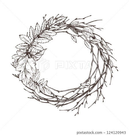 Autumn rowan leaves, maple, birch, tree branches and ladybugs. For decorating summer, autumn, harvest. Graphic line art hand drawn with black ink. Round wreath, frame, template for text. Autumn rowan leaves, maple, birch, tree branches and ladybugs. For decorating summer, autumn, harvest. Graphic line art hand drawn with black ink. Round wreath, frame, template for text. 124120943